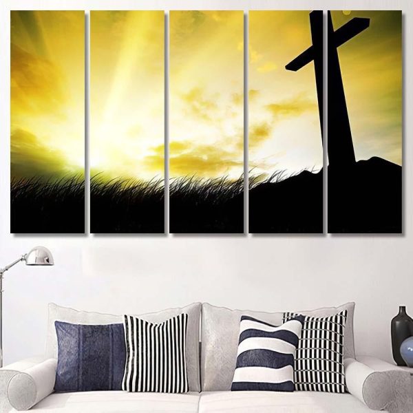 Cross Silhouette Sunset Background 1 Jesus Christian Premium Multi Canvas Prints, Multi Piece Panel Canvas Luxury Gallery Wall Fine Art Print - Image 7