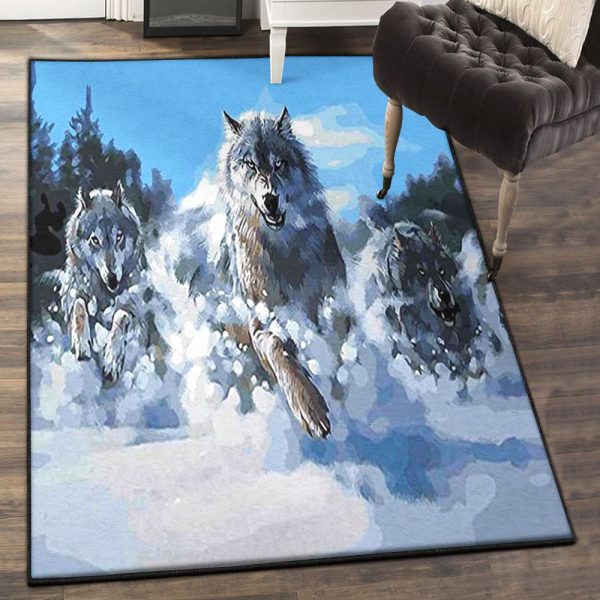 Gray Wolf Dining Room Rug Wolf Snow Wolf Rug Rectangle Rugs Washable Area Rug Non-Slip Carpet For Living Room Bedroom