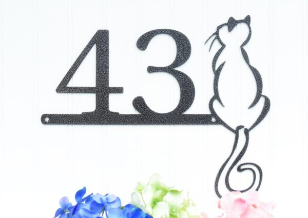 Custom Cat Metal House Number Silver Vein Laser Cut Steel Address Sign