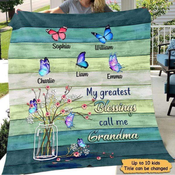 Personalized Grandma Blanket Vase Gift, Grandma Butterflies Blue Woode