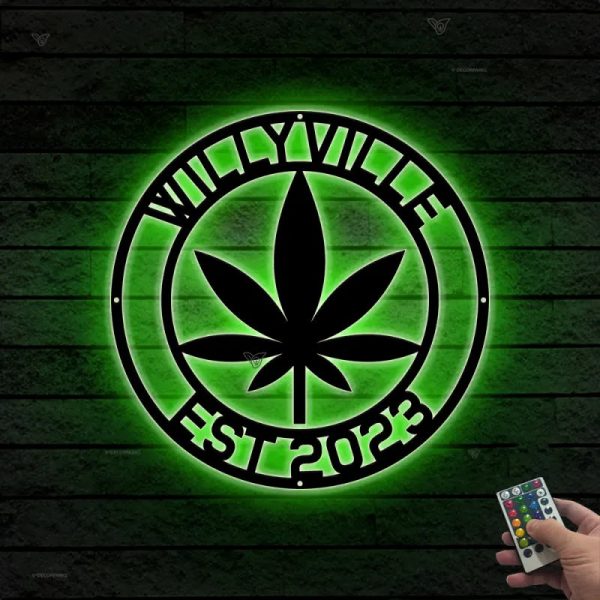 Personalized Weed Metal Wall Art Led Lights, Custom Cannabis Metal Nam